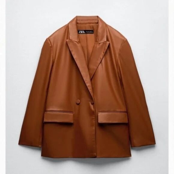 Zara Jackets & Blazers - NWT Zara Faux Vegan Leather Oversized Boyfriend Brown Cognac Blazer Jacket